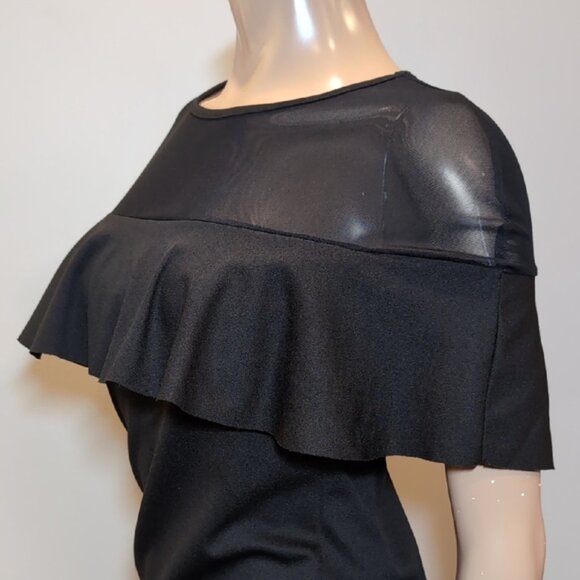 Black Flutter Sleeve Mini Dress Sheer Illusion Flounce Bodycon LBD Cocktail - Picture 5 of 7